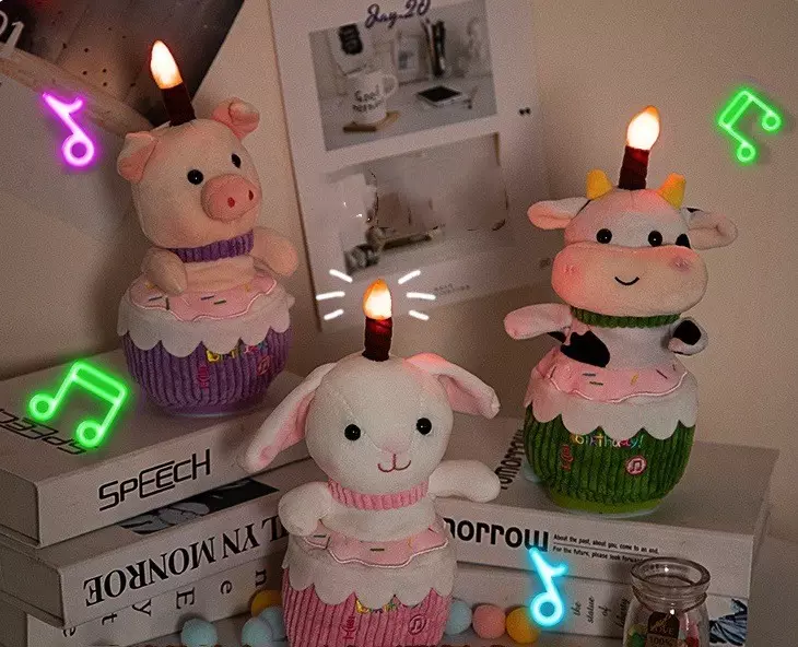 Custom Happy Birthday stuffed Cow Rabbit Pig Holding Cake Musical Dancing Singing electric plush toy with light