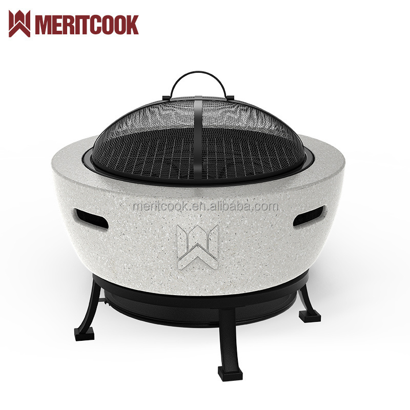 Customized Outdoor Magnesium Oxide Fire Pit Bowl Patio Heater Portable Concrete Brazier Fire Pits with BBQ Grill and Underframe