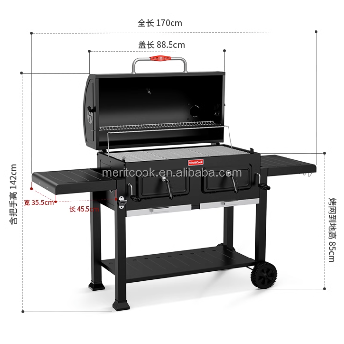 Upgraded SUS304 BBQ Grill Mesh Grid Outdoor Large Multi-function Trolley Smoker Charcoal BBQ Grill with Optional Rotisserie