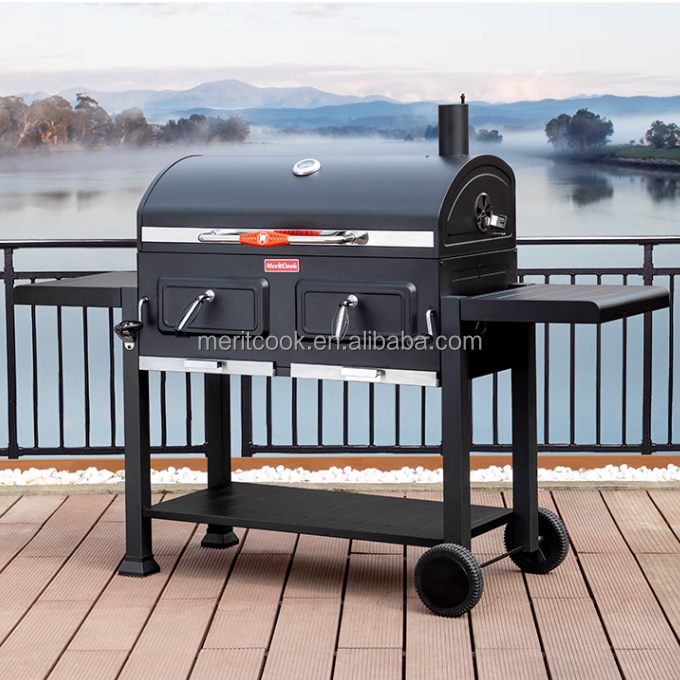 Upgraded SUS304 BBQ Grill Mesh Grid Outdoor Large Multi-function Trolley Smoker Charcoal BBQ Grill with Optional Rotisserie