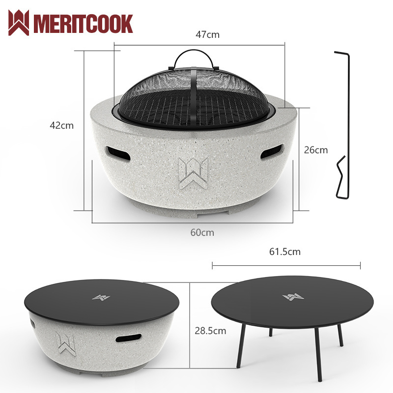 Customized Outdoor Magnesium Oxide Fire Pit Bowl Patio Heater Portable Concrete Brazier Fire Pits with BBQ Grill and Underframe