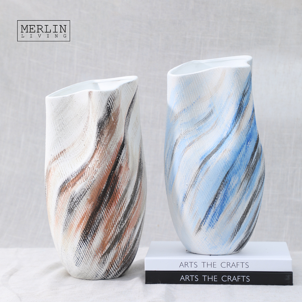 Merlin Living Hand Painting Vase Flower Ocean Style Tall Flower Vase Ceramic Home Decor Vase Chaozhou Ceramic Factory Wholesale