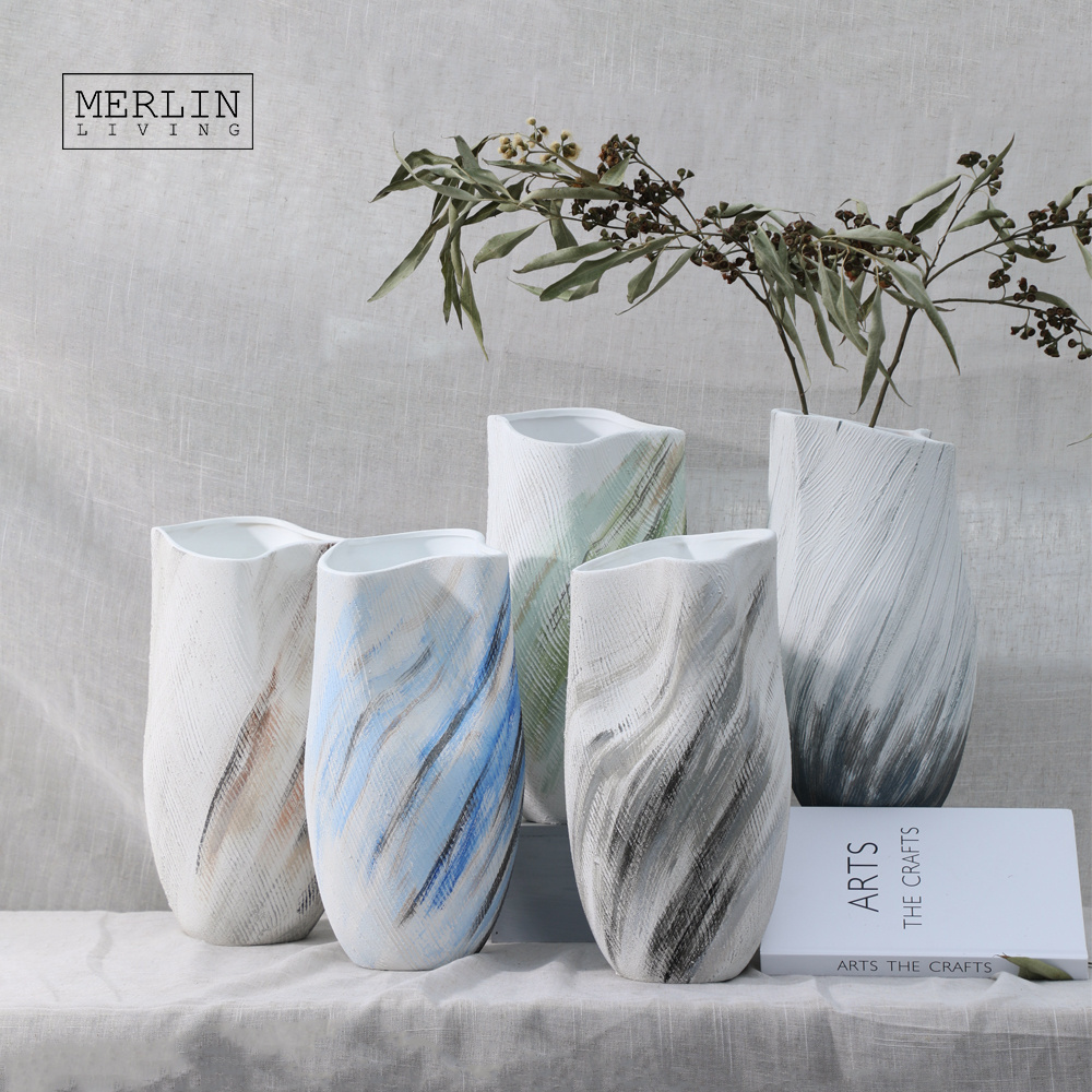 Merlin Living Hand Painting Vase Flower Ocean Style Tall Flower Vase Ceramic Home Decor Vase Chaozhou Ceramic Factory Wholesale