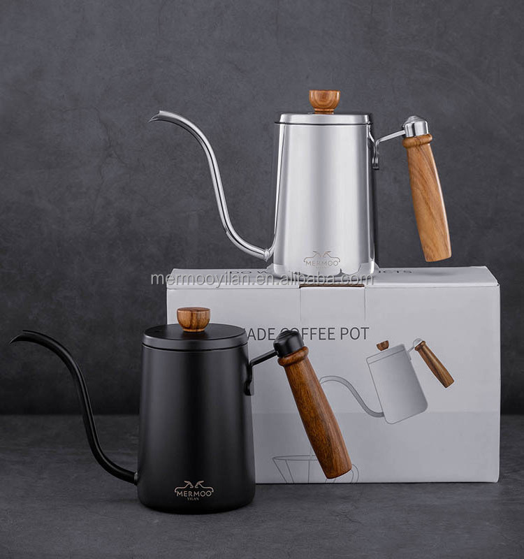 MERMOO YILAN Silver Gooseneck Coffee Kettle 600ml Pour Over Kettle  Pot Wooden Handle Coffee Maker