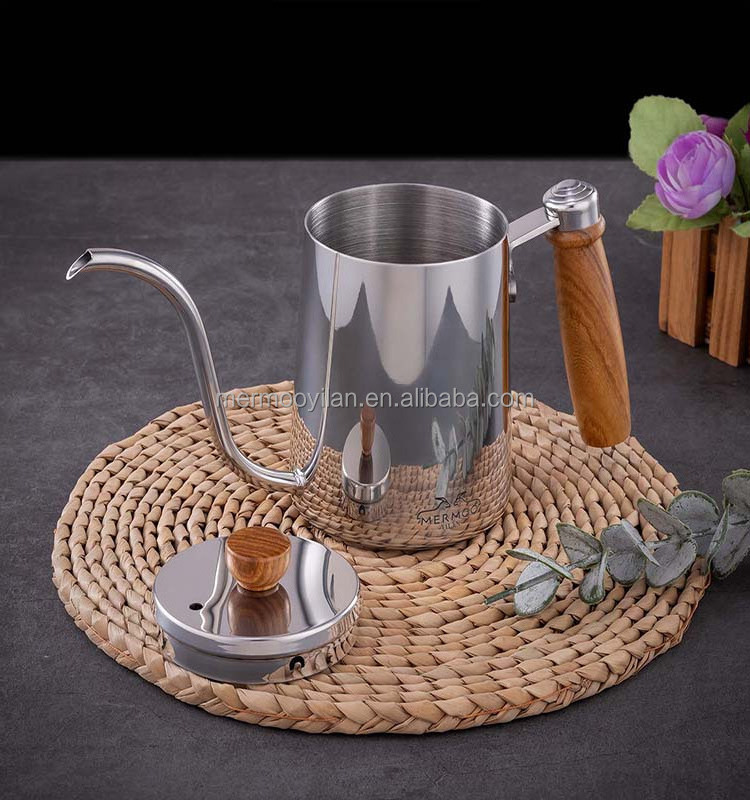 MERMOO YILAN Silver Gooseneck Coffee Kettle 600ml Pour Over Kettle  Pot Wooden Handle Coffee Maker