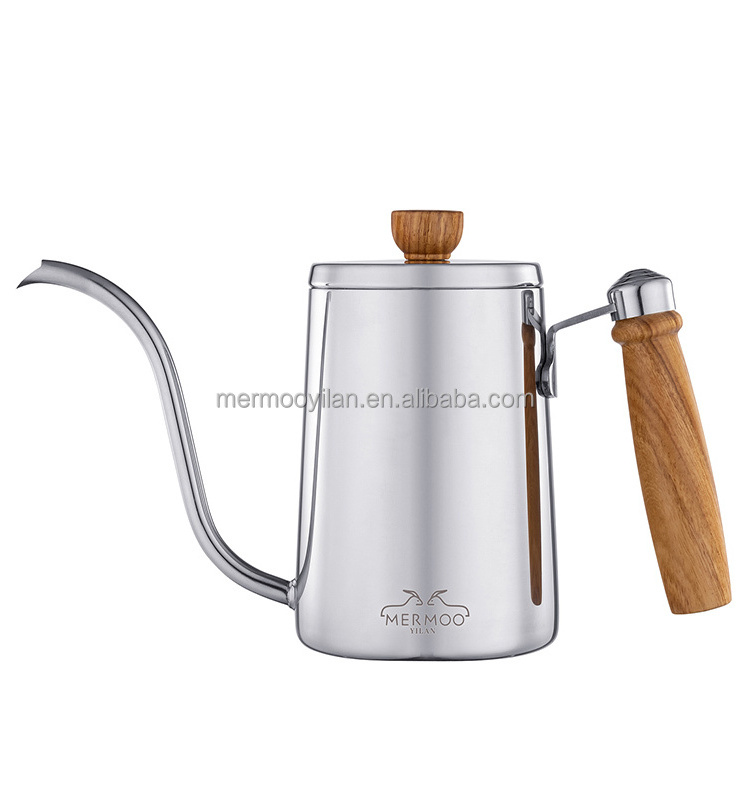 MERMOO YILAN Silver Gooseneck Coffee Kettle 600ml Pour Over Kettle  Pot Wooden Handle Coffee Maker