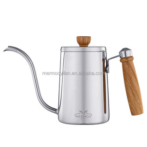 MERMOO YILAN Silver Gooseneck Coffee Kettle 600ml Pour Over Kettle  Pot Wooden Handle Coffee Maker