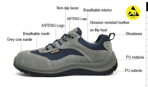 Grey Cow Suede High Stretch Comfortable Safety Shoes with Anti- Smash Steel Toe