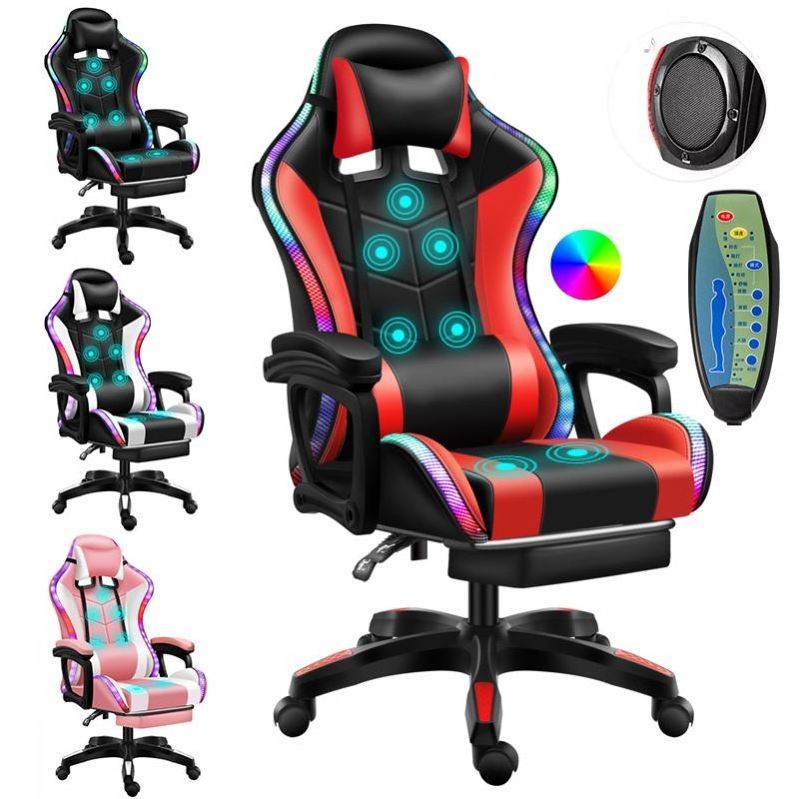 Free Sample Reclining Leather Silla Led Racing Gamer Gaming Chair With Footrest And Massage