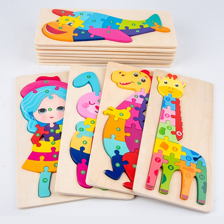 12 Designs 3D Puzzles Educational Toys Kids Animals Montessori Game Wooden Assemble Pegged Puzzles Board Children Preschool