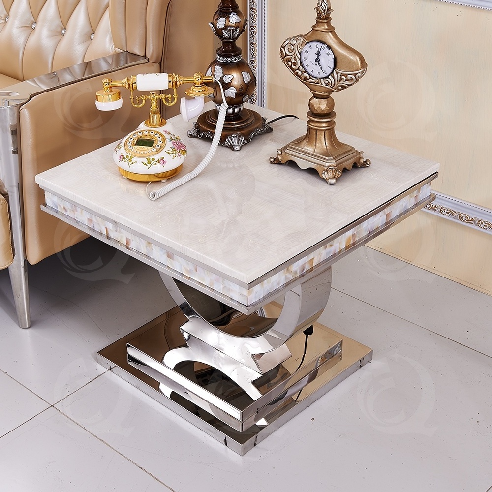 Modern design bed side table living room furniture luxury metal mirror stainless steel marble sofa side coffee table