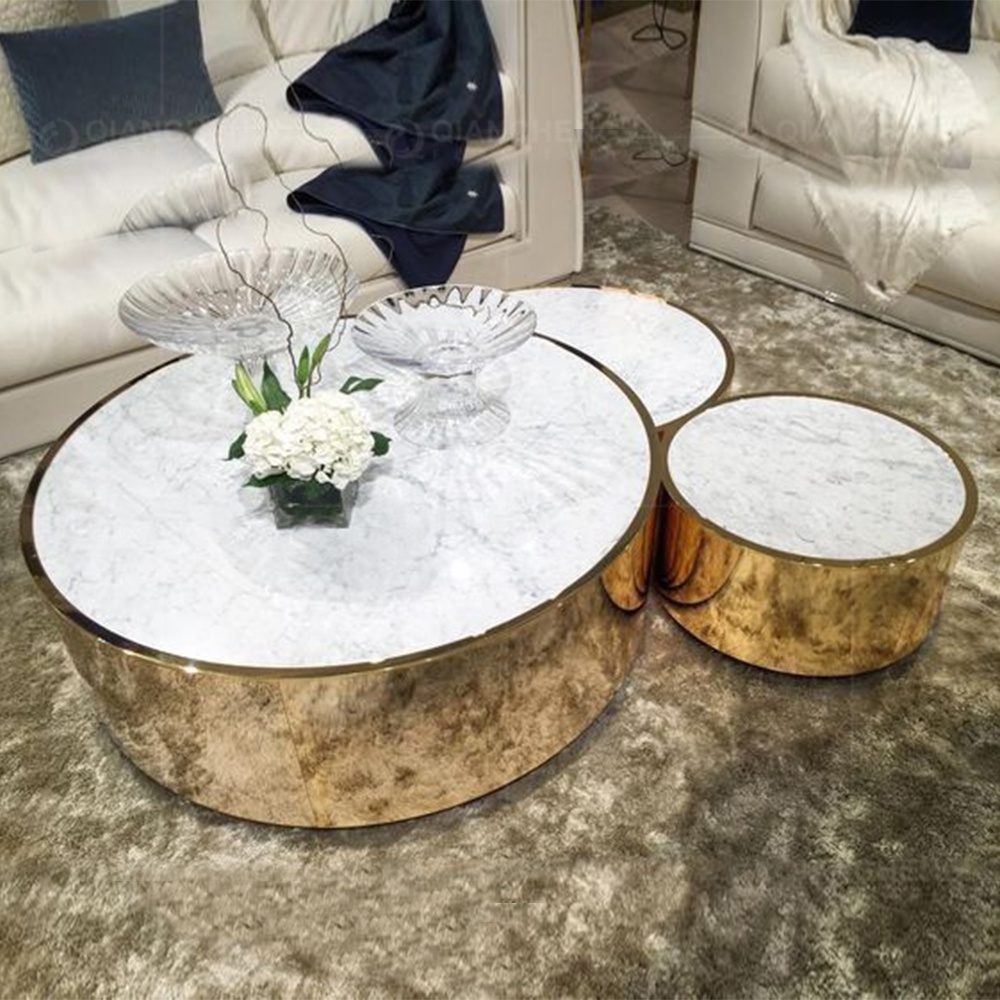 buy china furniture 3 in 1 round glass coffee table with golden stainless steel leg rose coffee table side table