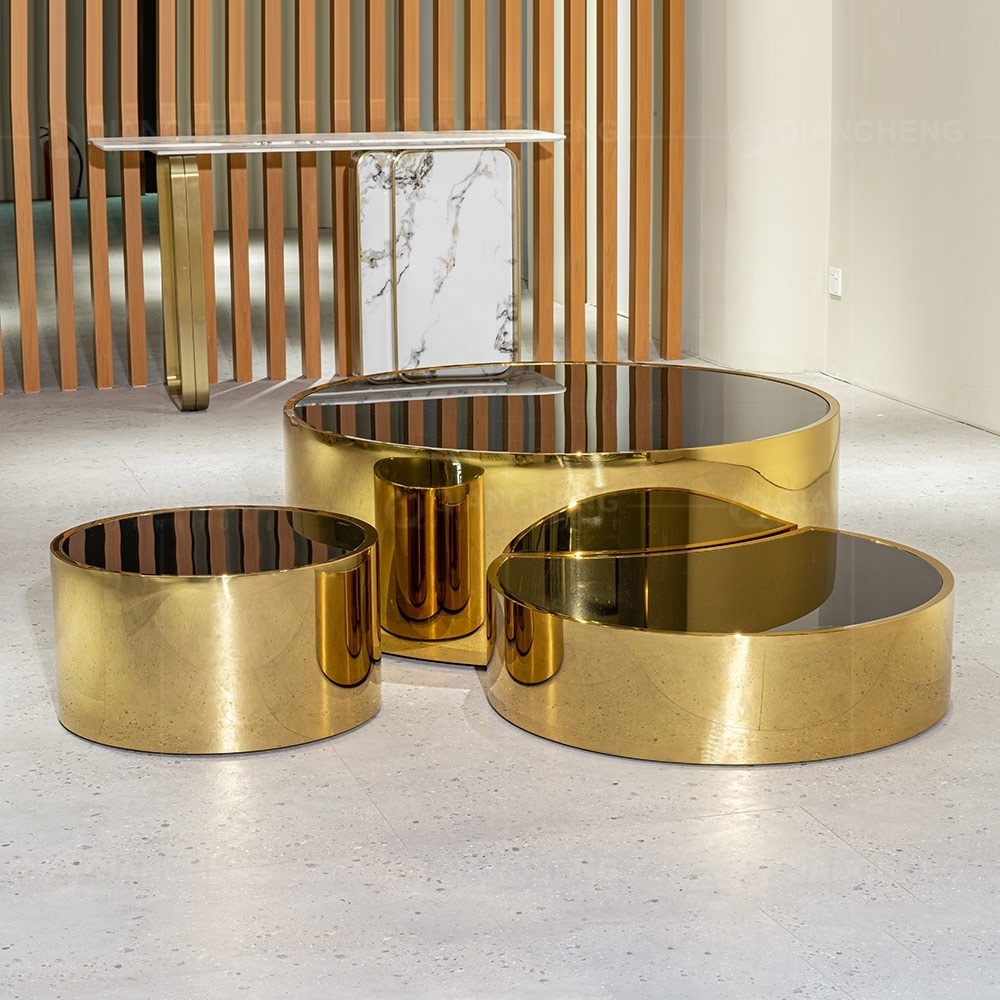 buy china furniture 3 in 1 round glass coffee table with golden stainless steel leg rose coffee table side table