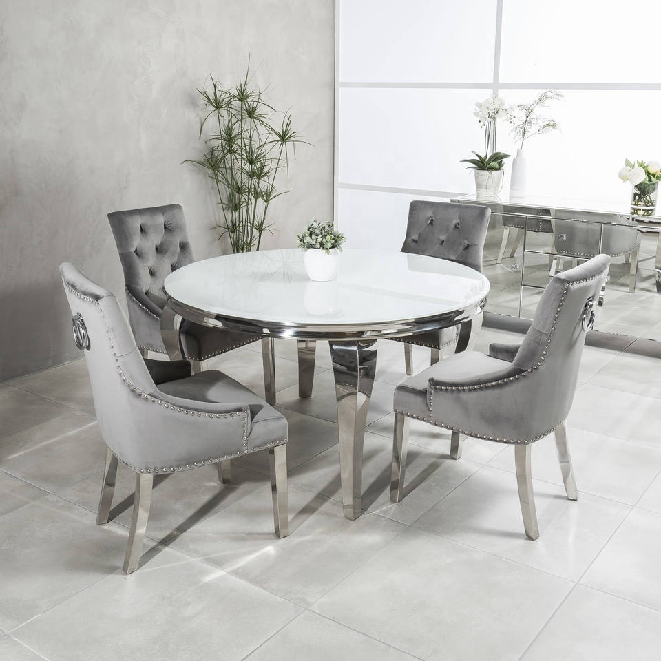 wholesale luxury dinning table set with grey solid marble top and 6 Grey Lion Knocker chairs stainless steel chrome dining table