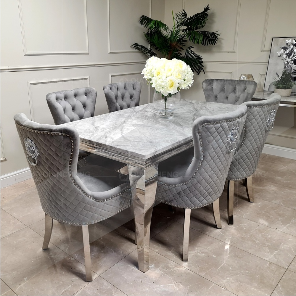 wholesale luxury dinning table set with grey solid marble top and 6 Grey Lion Knocker chairs stainless steel chrome dining table