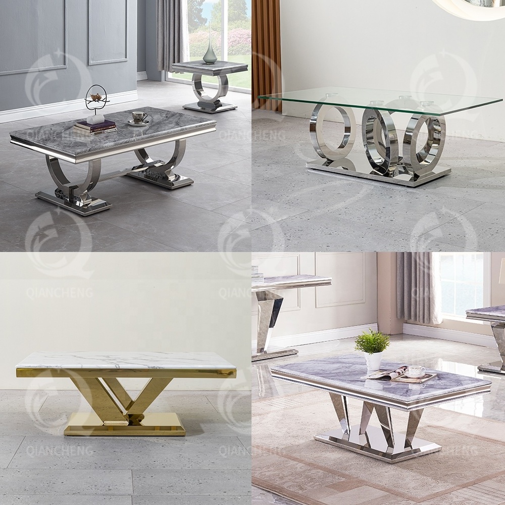 Luxury minimalist centre end table living room furniture modern metal mirrored stainless steel rectangle marble coffee tables