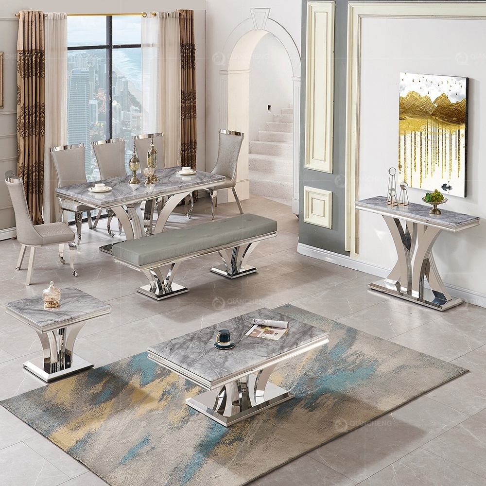 Foshan furniture dining room table 8 Seater set modern design stainless steel metal leg marble dining tables