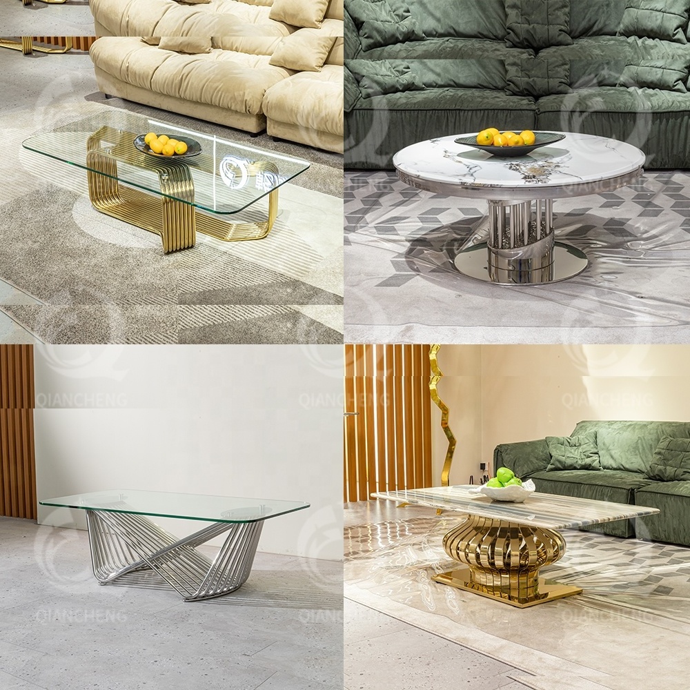 Luxury minimalist centre end table living room furniture modern metal mirrored stainless steel rectangle marble coffee tables