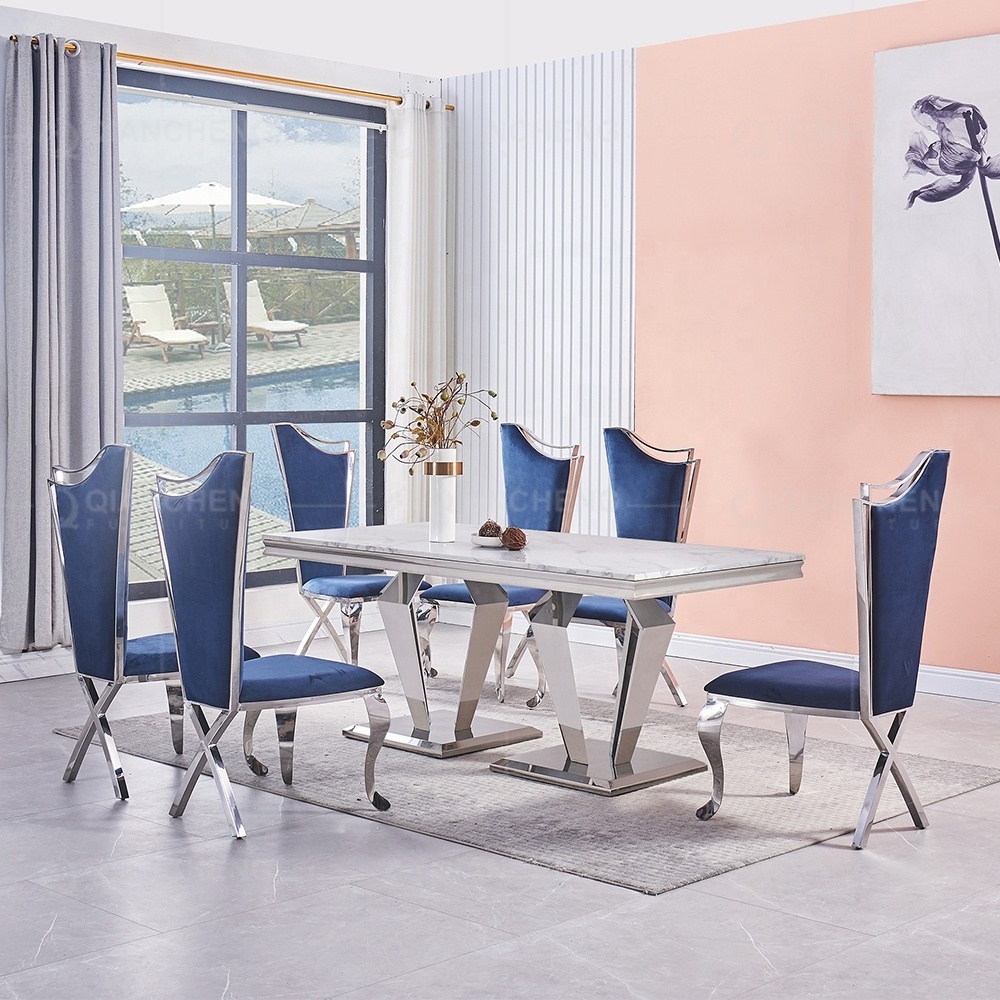 Modern Furniture kitchen dinning table and 6 chair Luxury restaurant metal stainless steel marble dining room sets dining tables