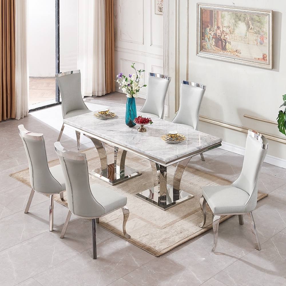 Foshan furniture dining room table 8 Seater set modern design stainless steel metal leg marble dining tables