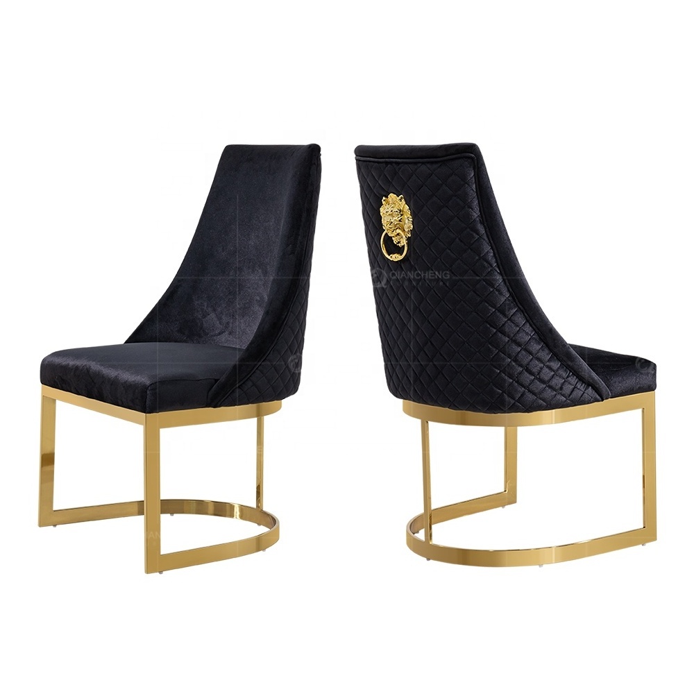 2021 luxury modern dining chair velvet stainless steel frame gold high back dining chairs lion handle dining chair