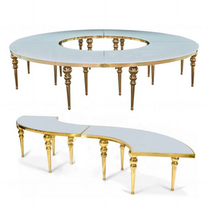 Circle Moon round Celebration Event banquet chairs and tables  luxury serpentine Gold Stainless Steel MDF Wedding Party Tables