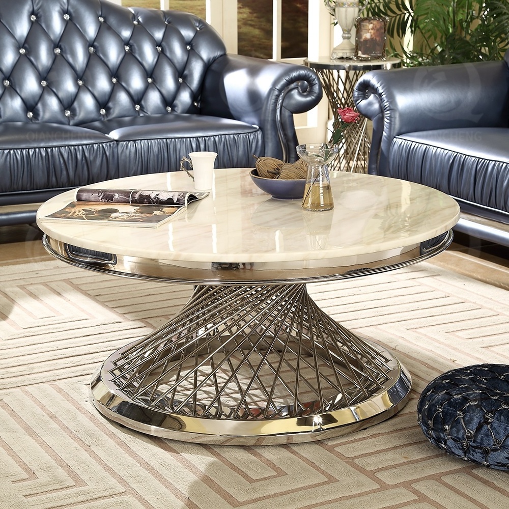 Luxury Hotel furniture living room round marble top coffee table gold stainless steel centre coffee tables