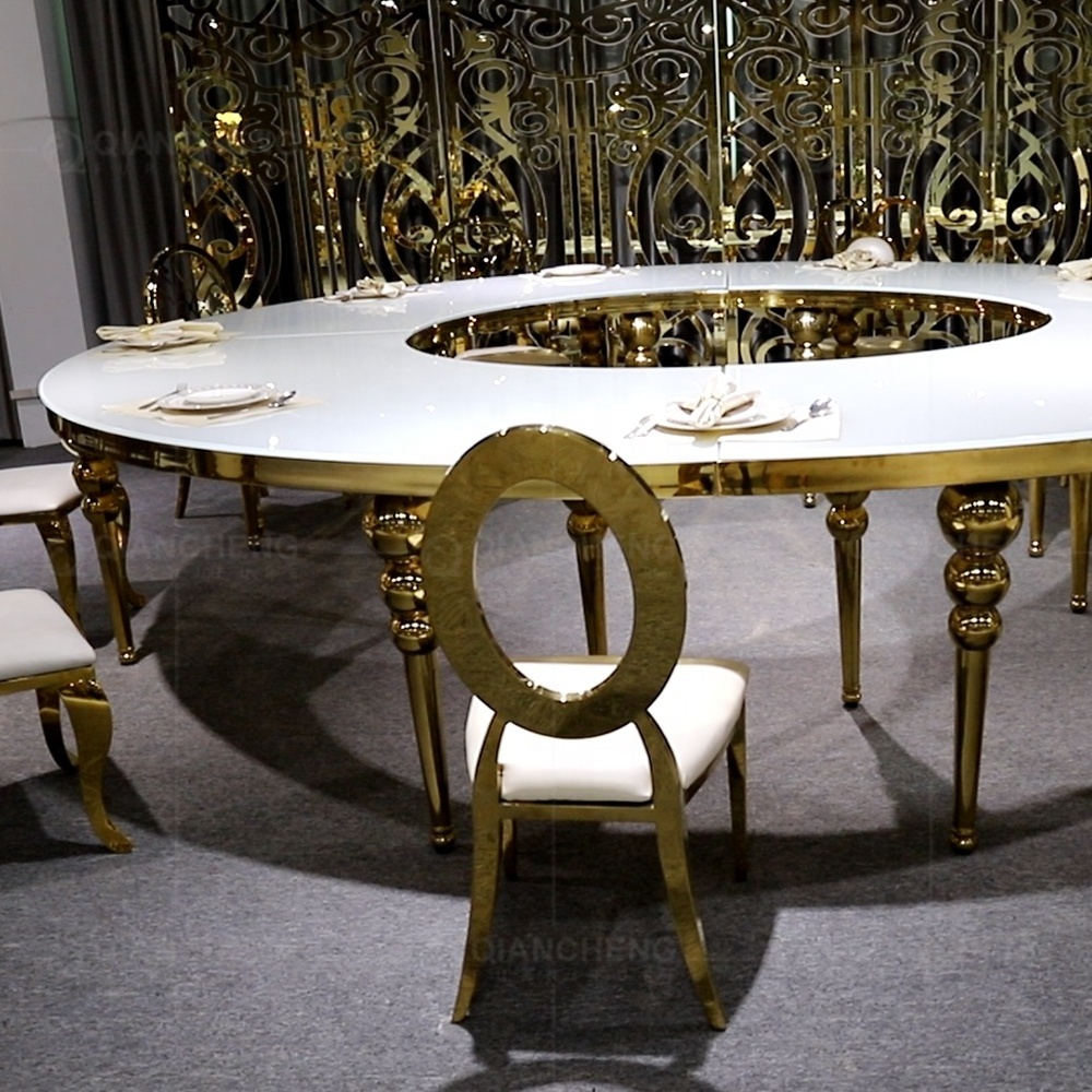 Circle Moon round Celebration Event banquet chairs and tables  luxury serpentine Gold Stainless Steel MDF Wedding Party Tables