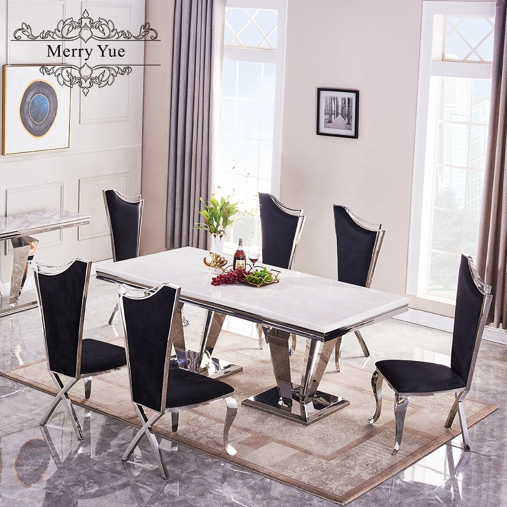 Modern black velvet long back din chair sillas de comedor tapizadas terciopelo Silver stainless steel metal frame Dining Chairs