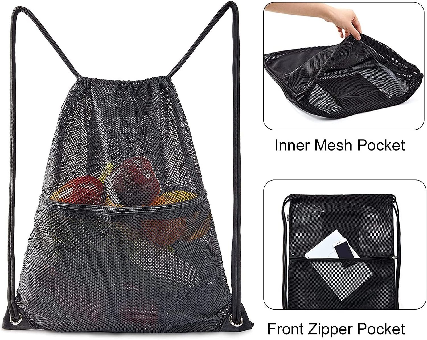 Custom Sports Equipment Storage Beach Swim Zipper Black Heavy Duty Large 100 Nylon Mesh Drawstring Bag