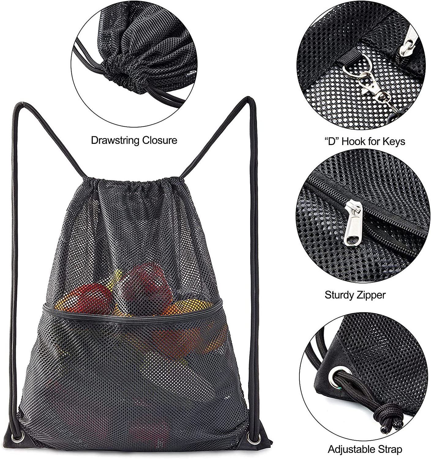 Custom Sports Equipment Storage Beach Swim Zipper Black Heavy Duty Large 100 Nylon Mesh Drawstring Bag