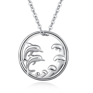 925 Sterling Silver Ocean Wave Lovely fish Dolphin Circle Pendant Necklace