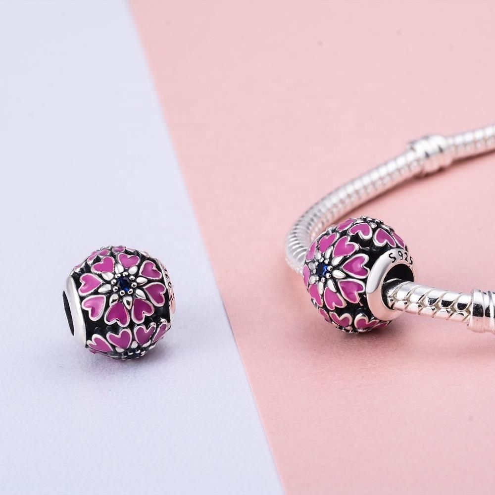 925 sterling silver women bracelet pink Enamel heart european charm bead