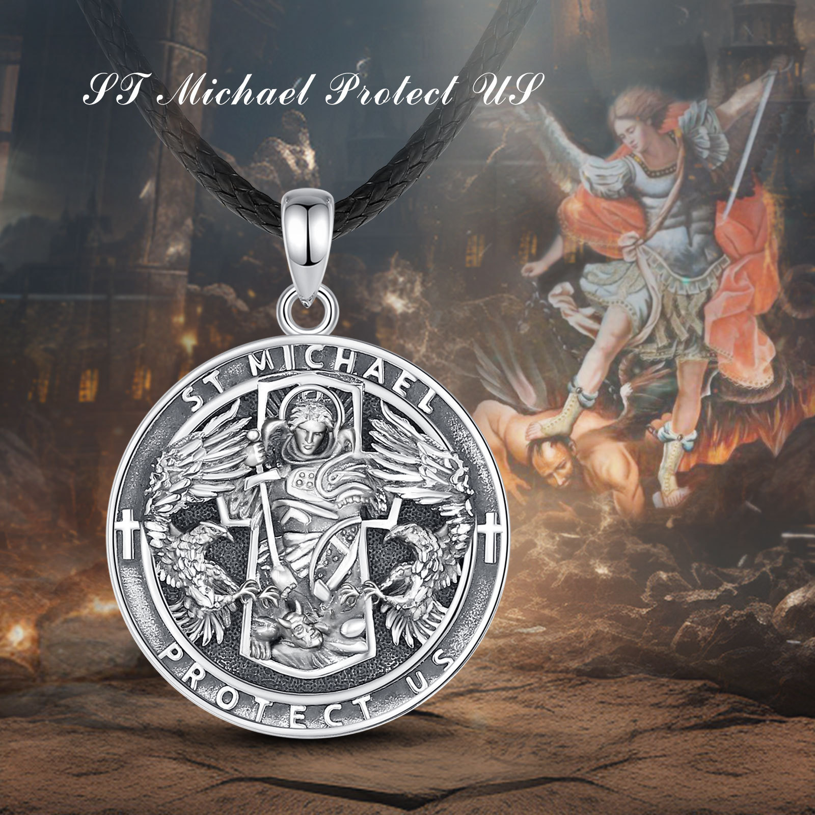 Merryshine 925 Sterling Silver Patron Saint St. Michael Medal Pendent Necklace for Men