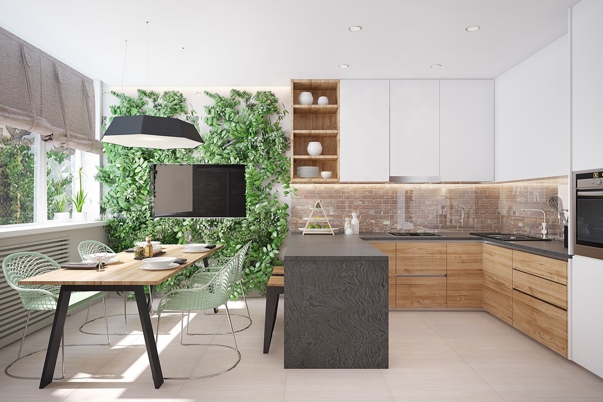 Modern Kitchen Design Kitchen Cabinet Wooden Pantry and Waterfall Island Cabinet