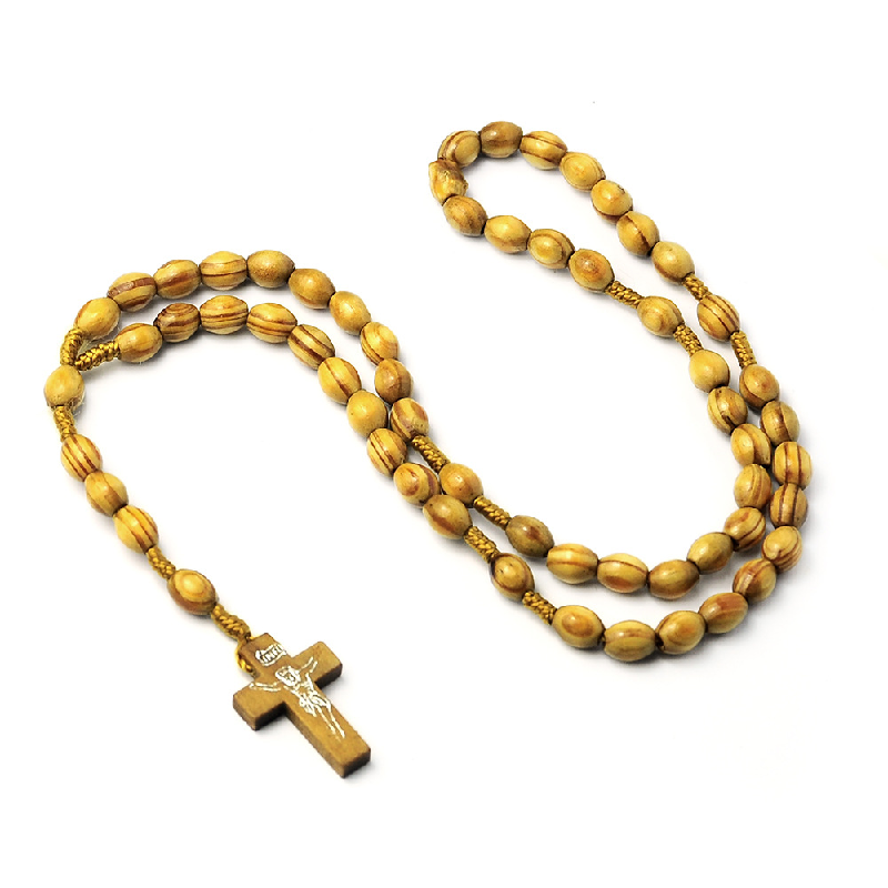 Oval Wooden Bead Catholic Rosary Necklace Christ Crucifix Cross Pendant Necklace Men Women Religious Muslim Prayer Jewelry