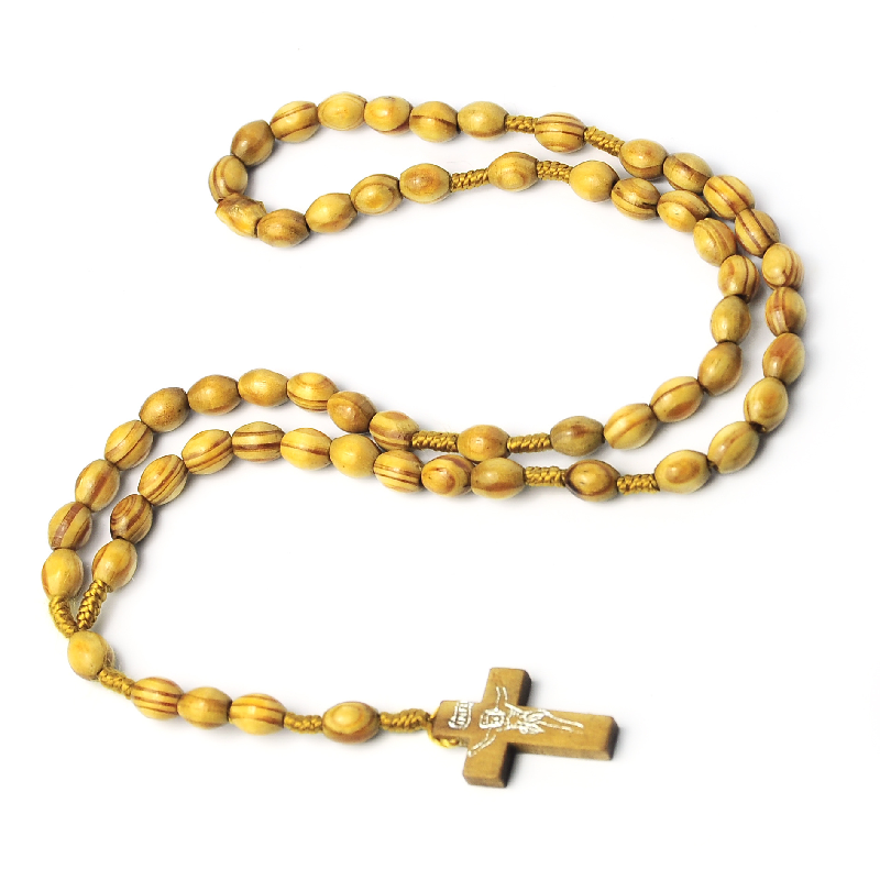 Oval Wooden Bead Catholic Rosary Necklace Christ Crucifix Cross Pendant Necklace Men Women Religious Muslim Prayer Jewelry