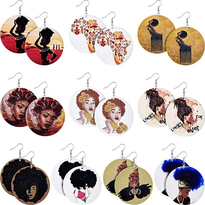 Geometric Printing Earring Personality Exaggeration Earrings Ethnic Style Round African Women Retro Painted Wooden Earrings