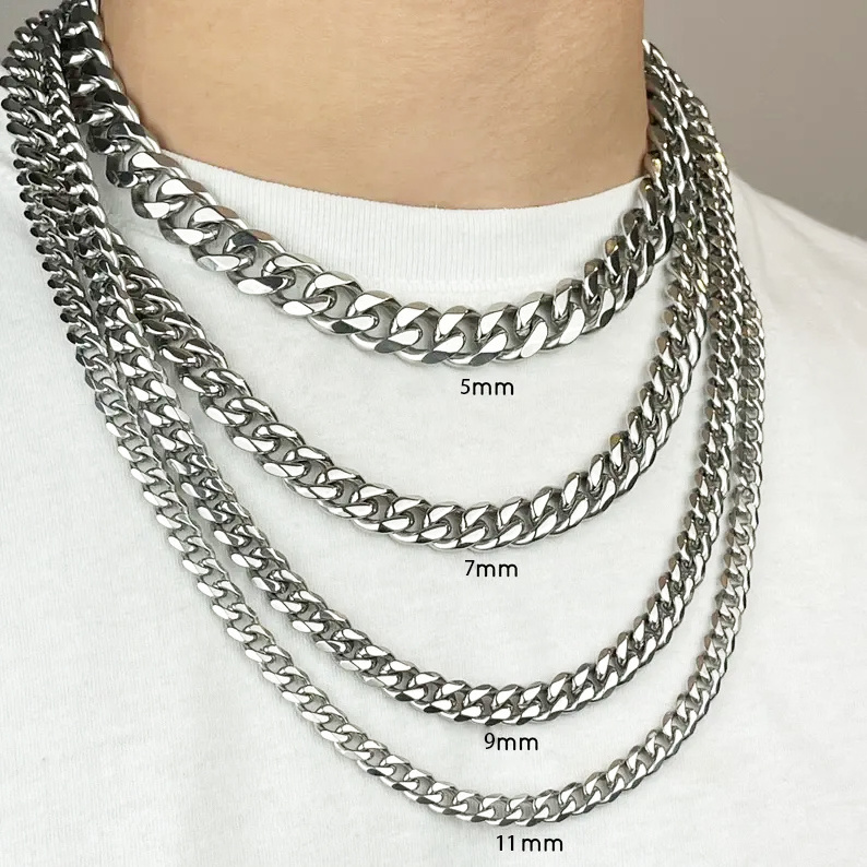 Hip Hop Stainless Steel Silver Men Chains Jewelry Customized Thickness Polished Curb Cuban Link Chain Necklace for Men