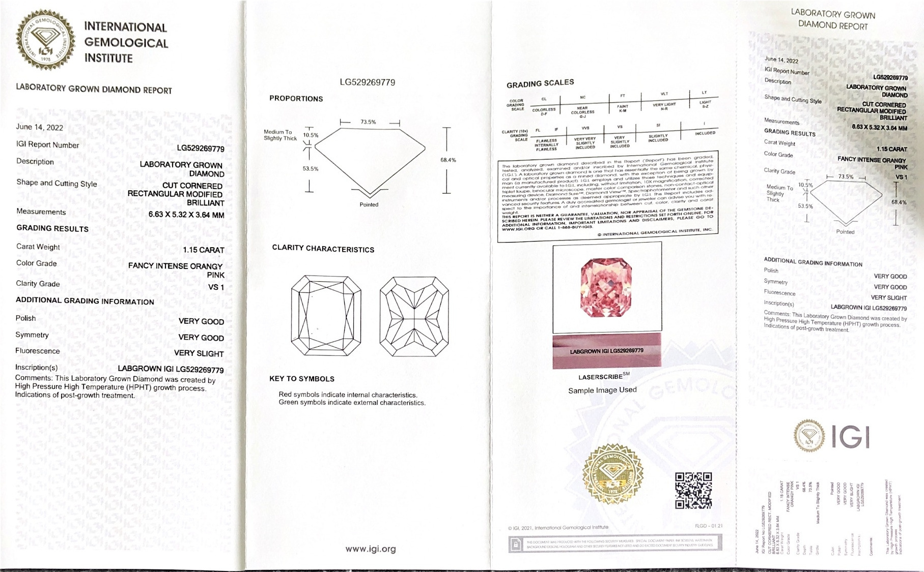 Messi Jewelry IGI Certificate 1.1ct VS1  Fancy Intense Orangy  Pink HPHT Lab Grown Diamonds