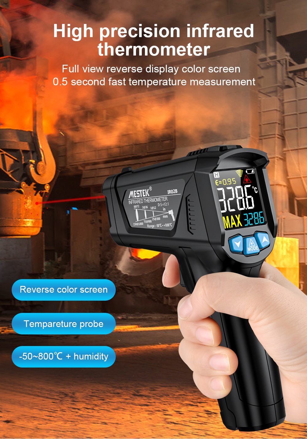 IR02B  for Pizza Oven BBQ Digital Temperature Handheld Heat Thermometer Temperature -50~800 Degree  Digital Thermometer