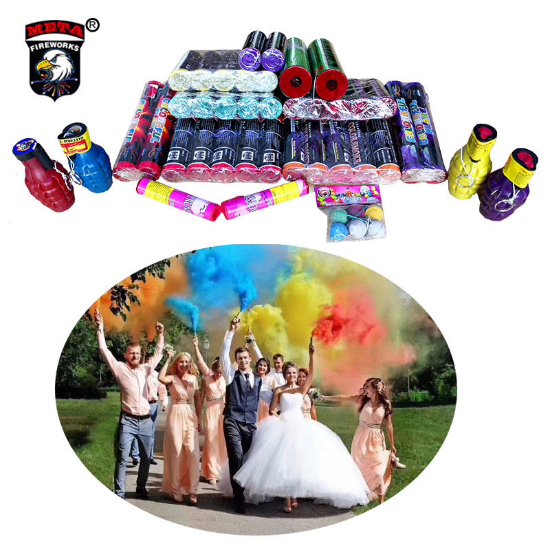 Bombe a fumee Fireworks colored hand granade orange flare photograph wire pull smoke grenades rainbow color smoke