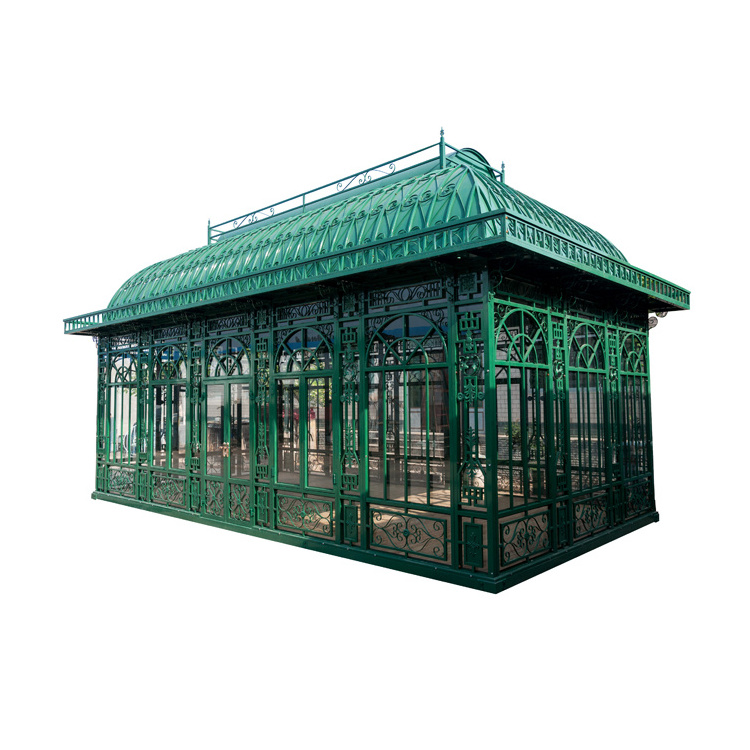 wrought iron round gazebo with glass and metal plate roof