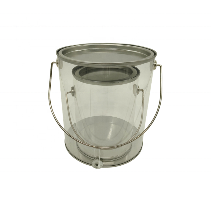 Clear Paint Can Containers with Metal Lids Clear PVC PET Round Tin Bucket with Handle