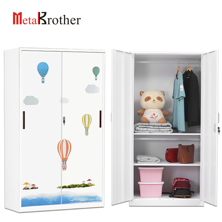 Modern Design Furniture Wardrobe Closet 2 Door Steel Wardrobe   Kid Bedroom Sliding Door Steel Wardrobe