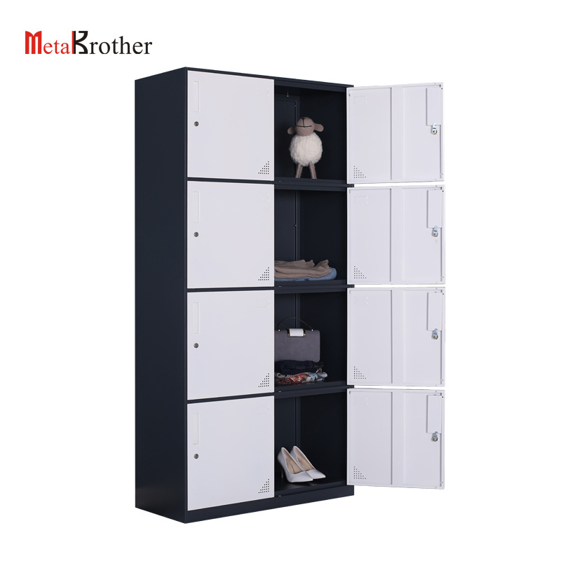 Modern 8 Door Metal Clothes Wardrobe For Gym Staff Steel Narrow Edge Almirah Cloth Wardrobe Cabinet With Mirror Wholesale