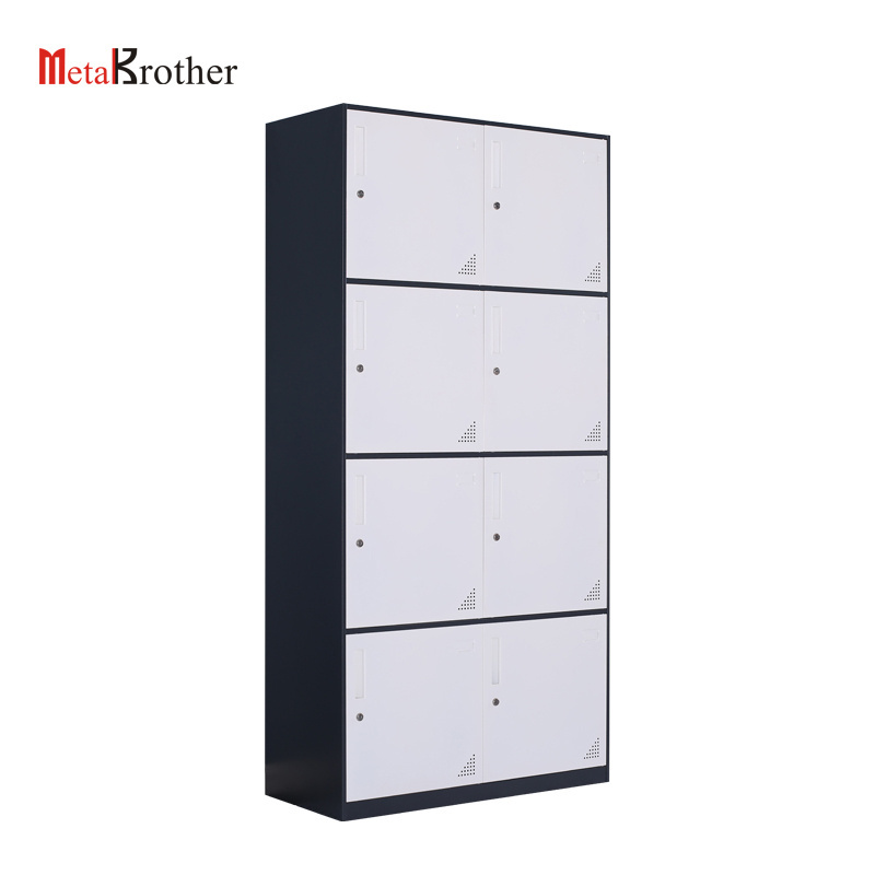 Modern 8 Door Metal Clothes Wardrobe For Gym Staff Steel Narrow Edge Almirah Cloth Wardrobe Cabinet With Mirror Wholesale