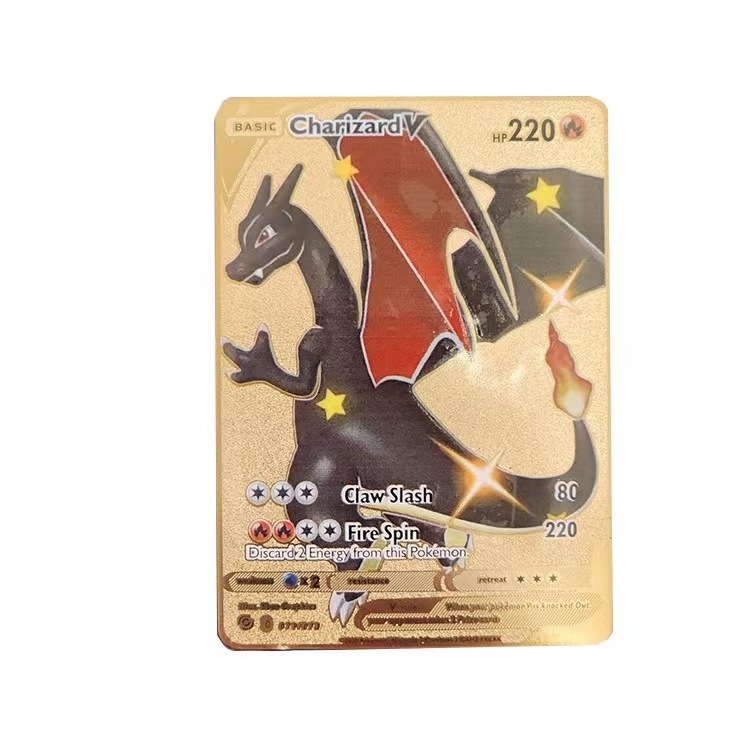 In Stock High Quality Cheap Wholesale Stainless Steel Metal Gold Pokemon Game Trading Cards Charizard 1st Pokemon Cards