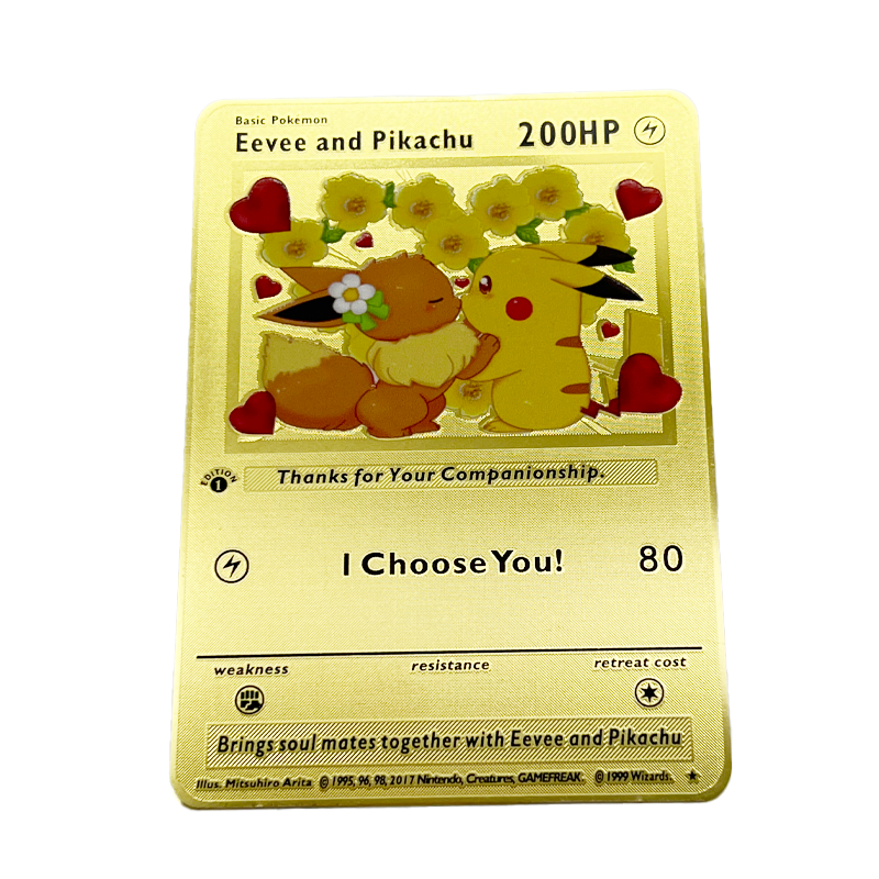 In Stock Support Custom High Quality Stainless Steel Metal Gold Game Cards Pikachu I Choose You Cards Metal Gold Pokemon Cards