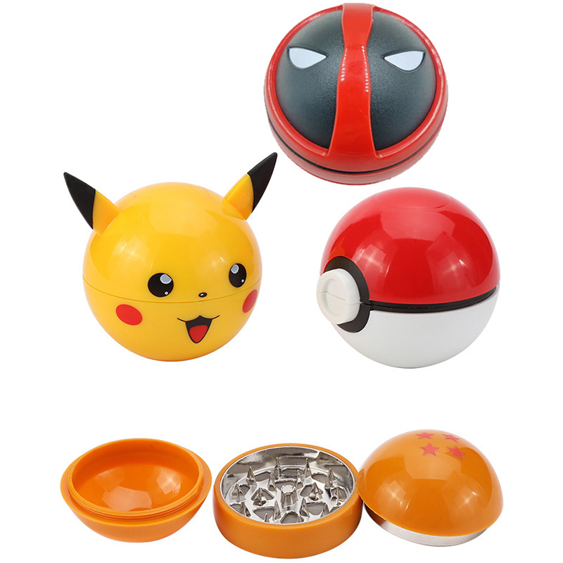 Amazon hot selling 3 layer Cartoon Dragon Ball Pikachu Poke ball Dry Herb Grinder Zinc Alloy Deadpool Tobacco Herb Grinder